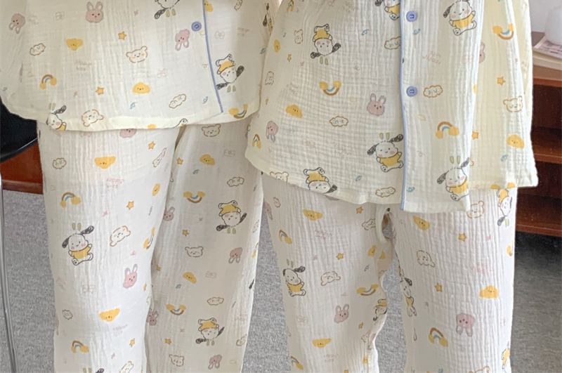 Tanee - Bijpassende pyjamaset voor koppels: shirt met lange mouwen en cartoonprint + broek met rechte pijpen (verschillende ontwerpen)