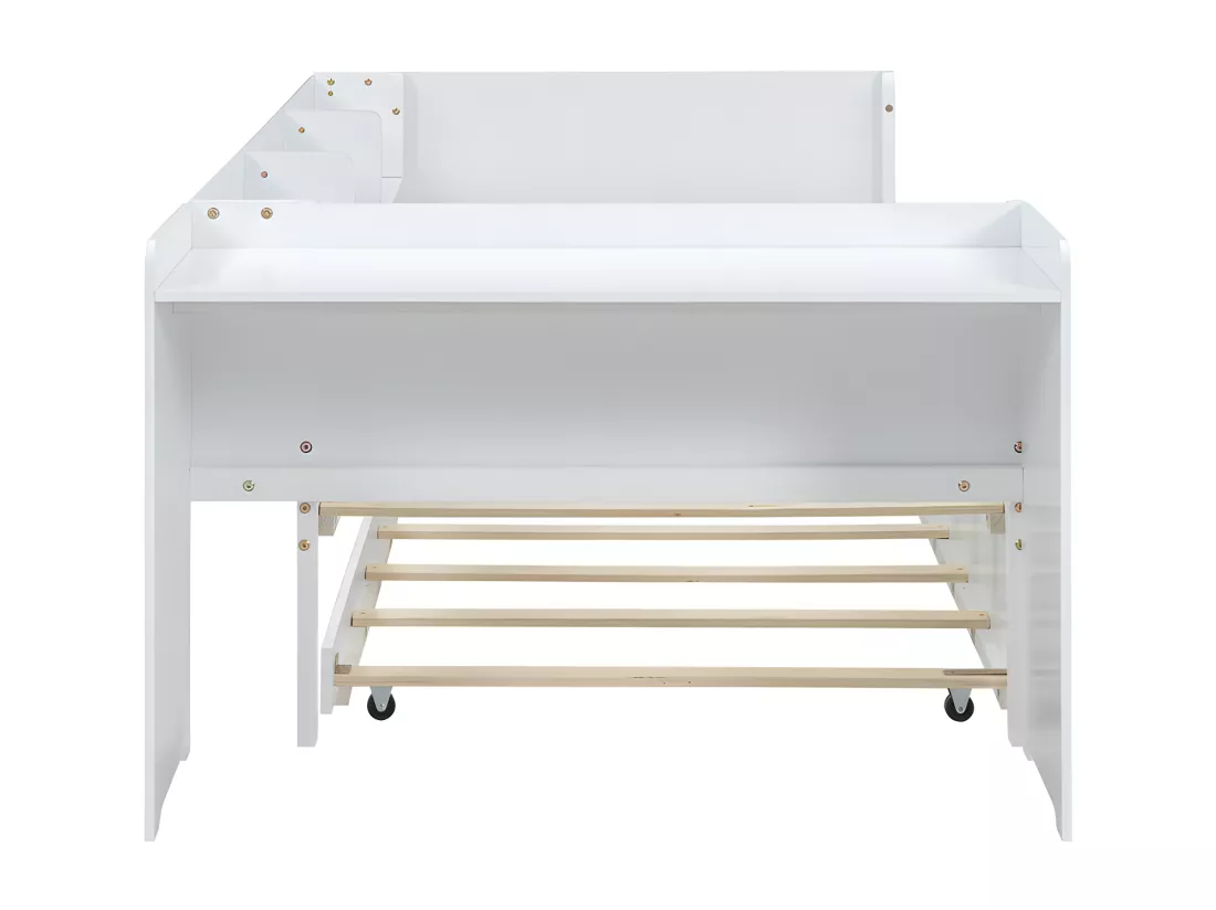 Lit simple 90x200 cm avec un lit gigogne - avec bureau à côté - Blanc