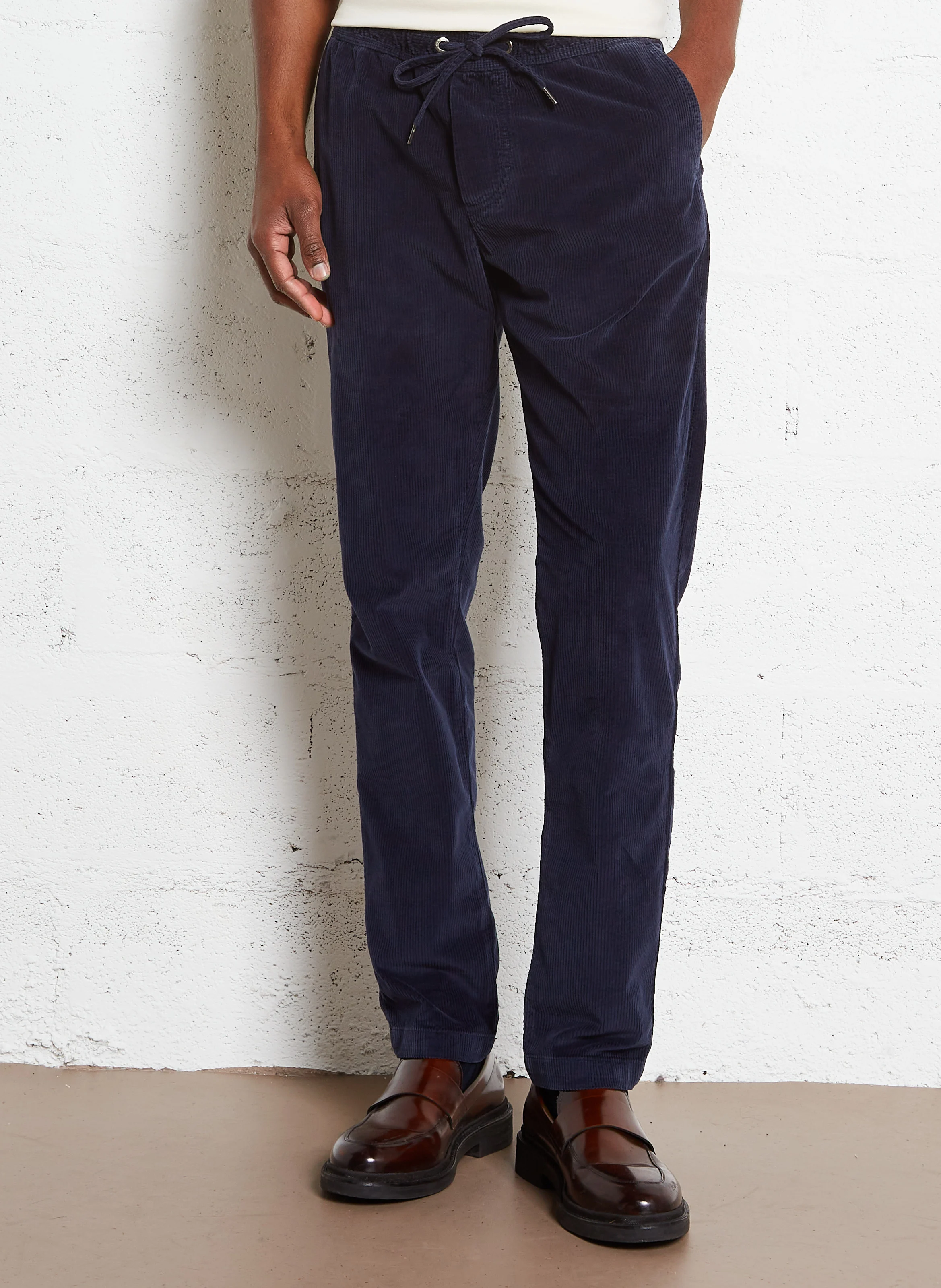 Pantalon droit velours côtelé en coton mélangé | Bleu