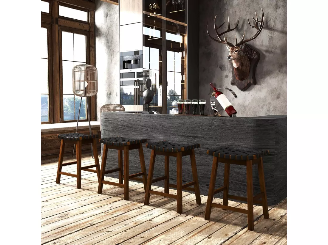 Tabouret de Bar Lot de 2 en Bois Massif, Siège Tissés de Sangles en Simili Cuir, Hauteur d’Assise 65cm, Charge Max 150kg