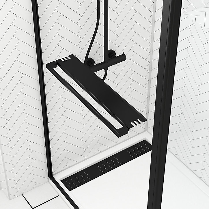 Paroi de douche à l'italienne fixe + volet pivotant 90+40 x 200 cm, noir mat, Galedo Dark Edge Shelf
