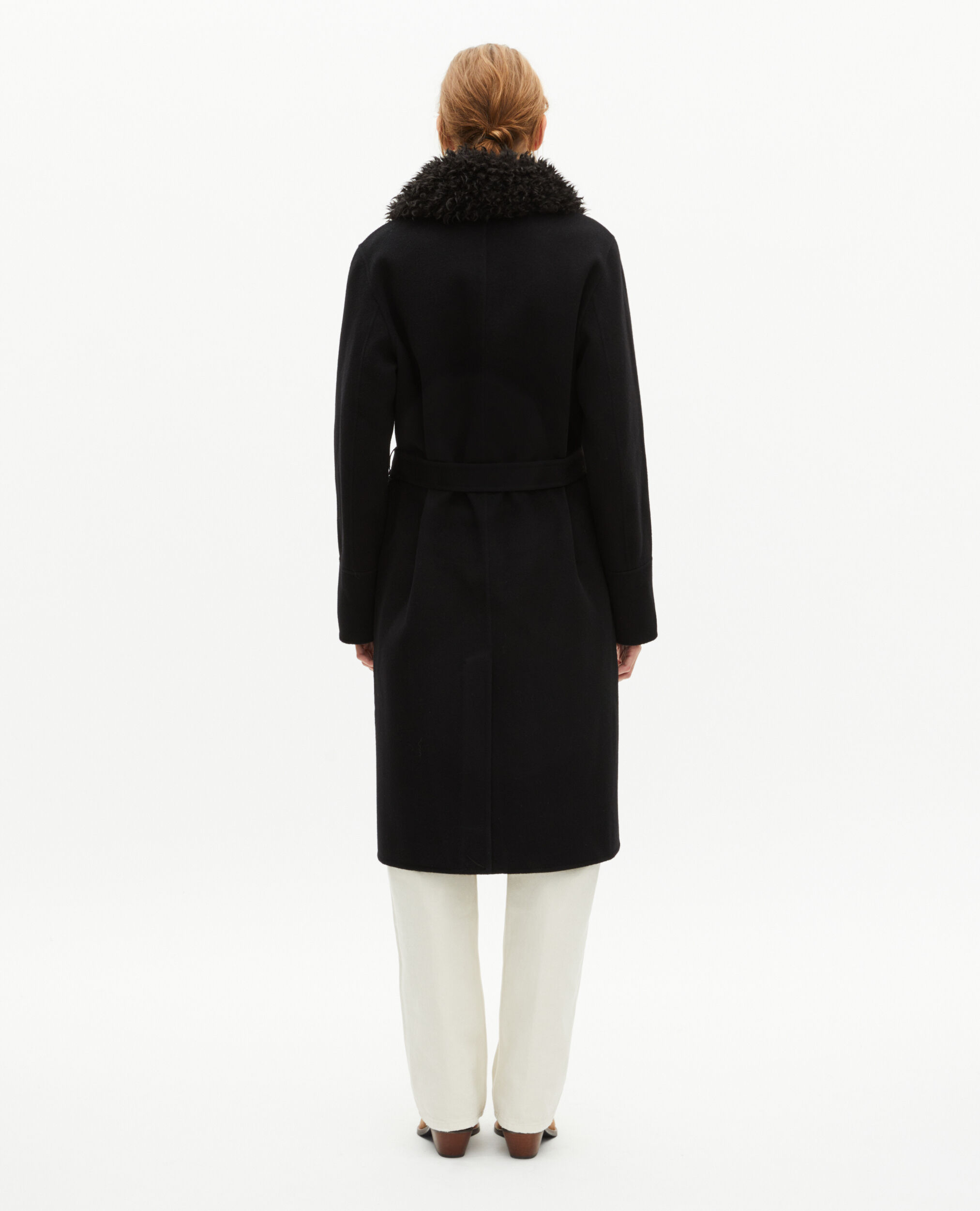 Manteau long en laine double face col sherpa noir