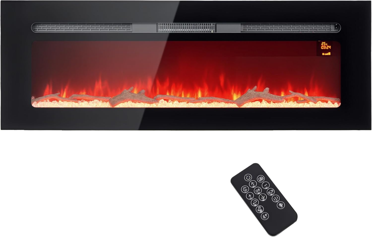 HOMCOM Elektrokamin, Wandkamin mit Heizung 1800 W, LED 3D-Flammeneffekt, Kristalle, in 3 Farben mit 5 Helligkeitsstufen, Elektrischer Kamin mit Fernbedienung, Timer, Touchscreen, Wandmontage, Schwarz
