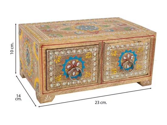 Boîte à bijoux en bois peint artisanal à 2 tiroirs marron 23x14x10h