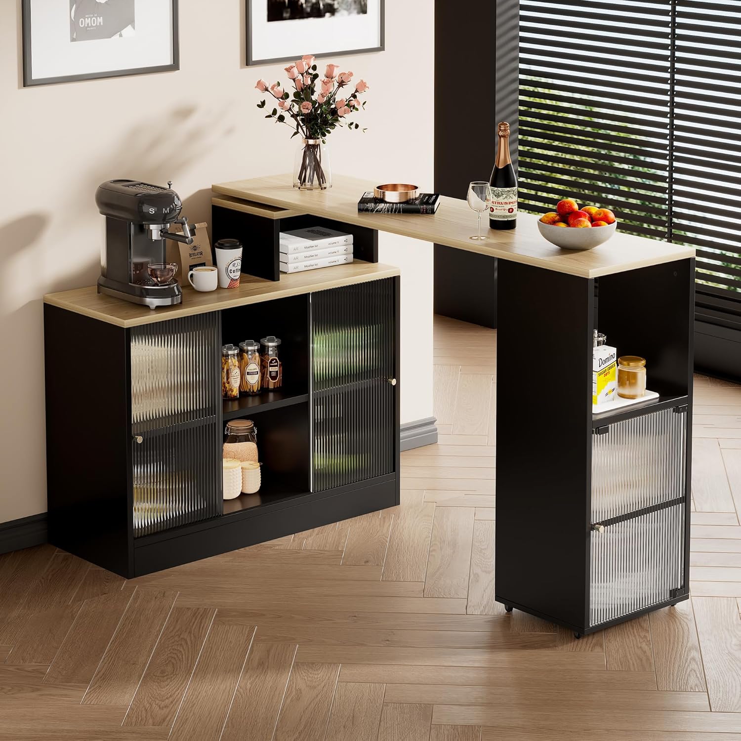 Ausziehbarer Bar Tisch mit Glasfront, Mobiler Bistrotisch auf Rollen, Höhenverstellbare Bartheke mit Stauraum für kleine Räume, 160x50x105 cm SS0722711