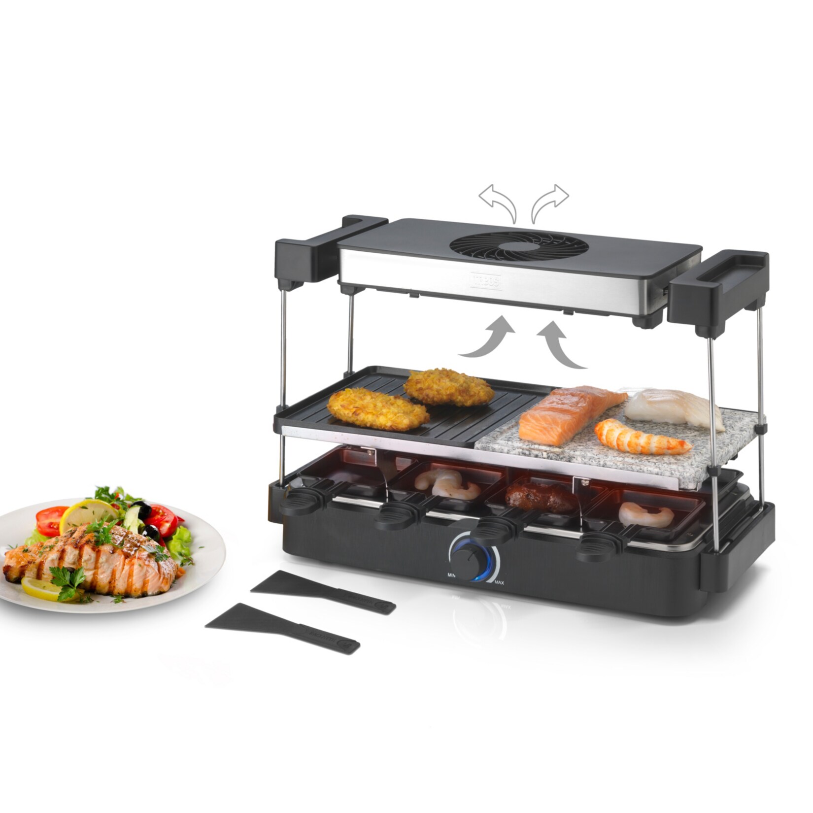 Trebs 15100 - Raclette für 8 Personen mit integriertem Dunstabzug - Steinplatte + Grillplatte