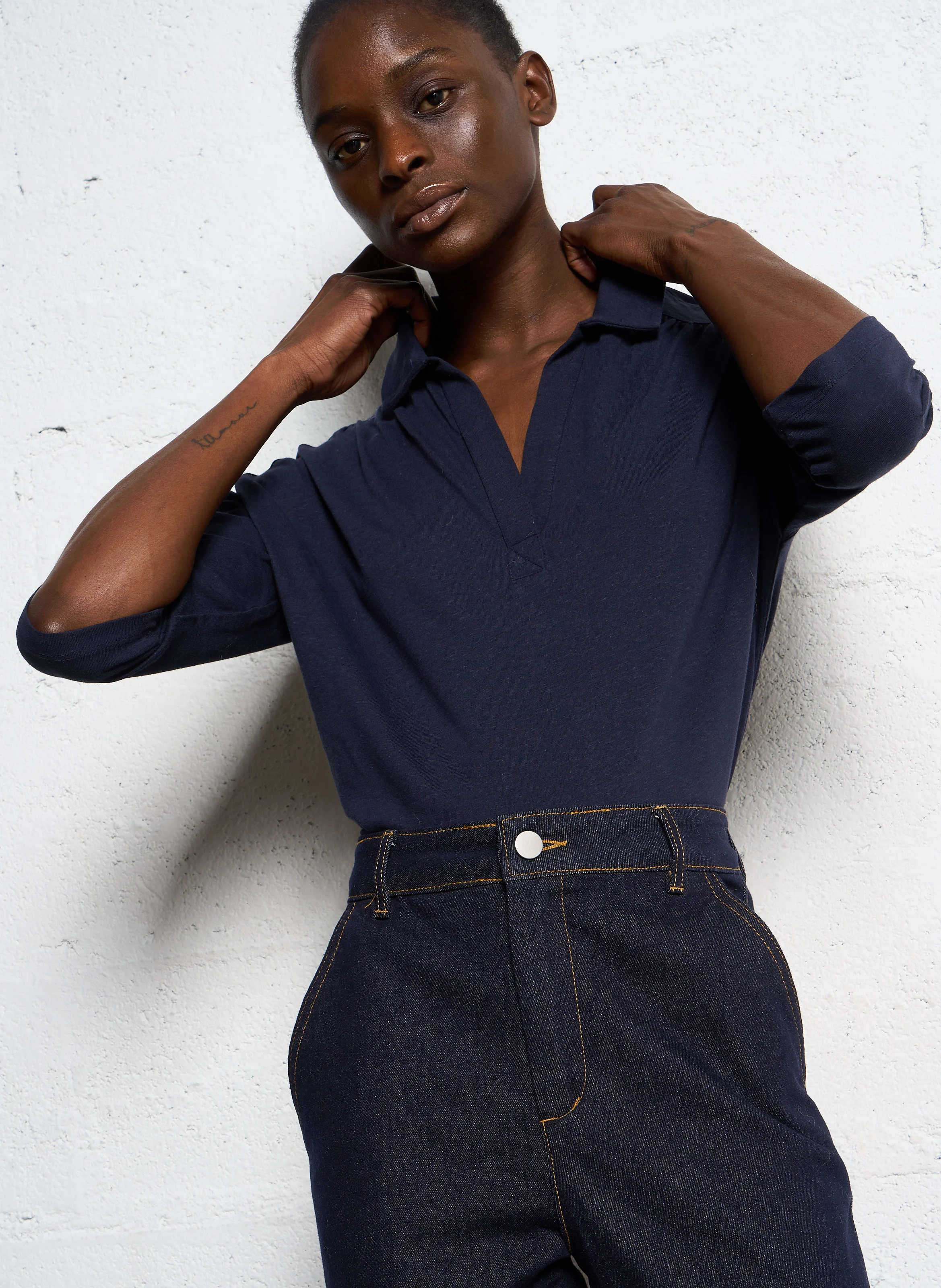 TONTINE - Tee-shirt col polo en lin mélangé | Bleu