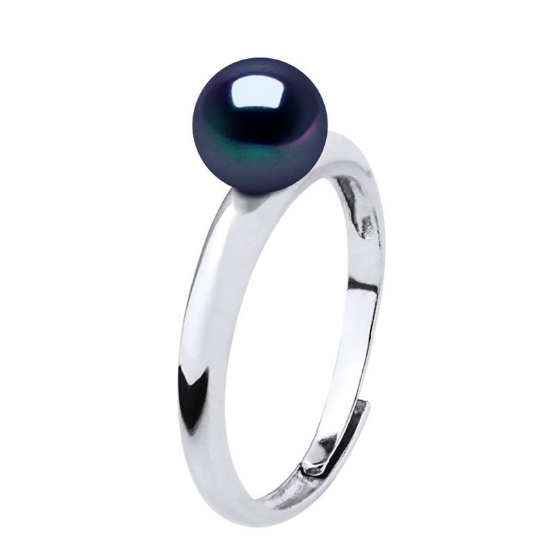 Bague Ajustable Jonc Perle d'Eau Douce Ronde 6-7 mm Noire Argent 925