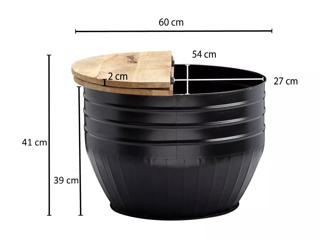 table basse bois de manguier métal 60x41x60 cm style industriel rond | Table de salon design avec espace de rangement | Table basse de salon moderne noir