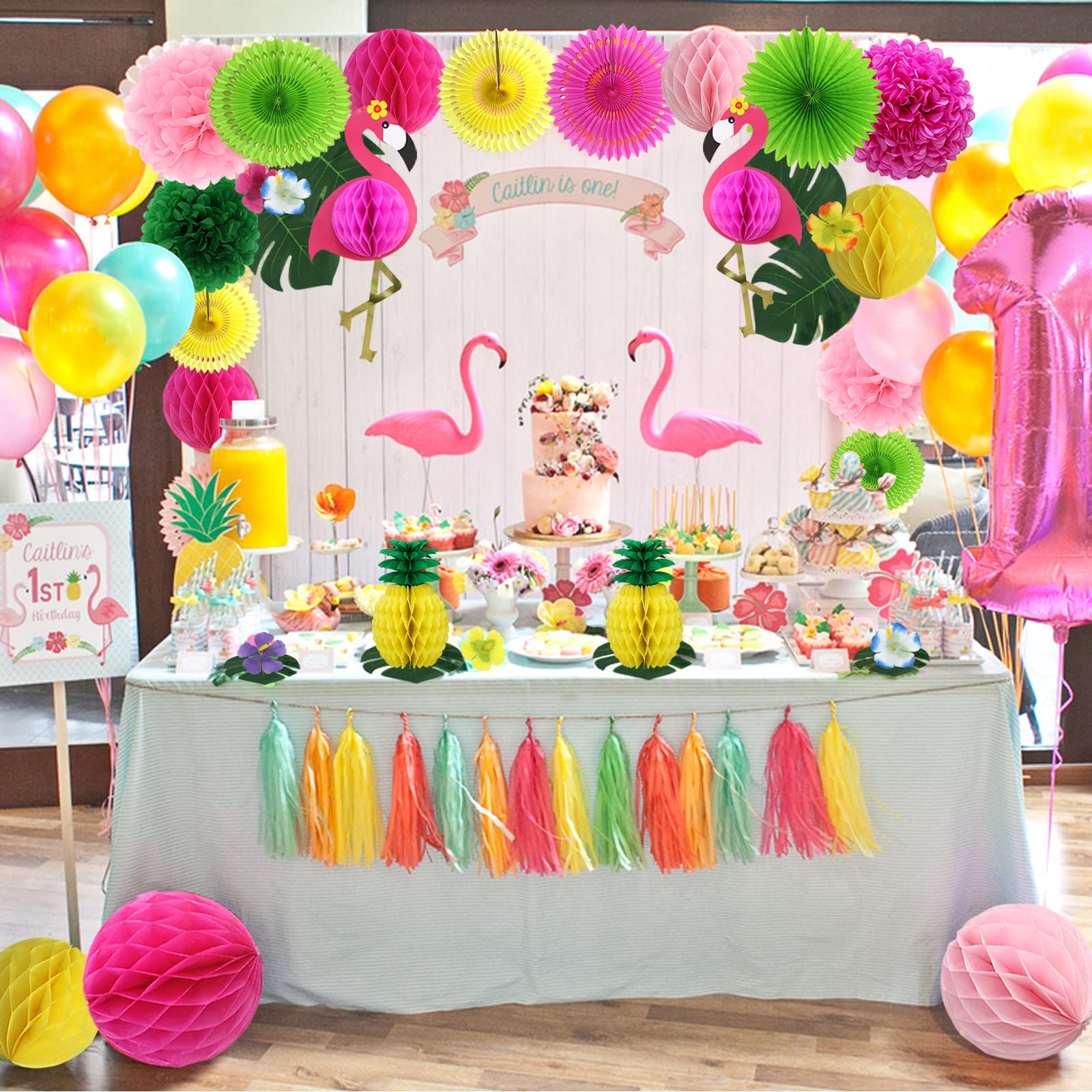 (45-tlg. Set) Sommer Party Dekoration Flamingo und Ananas Pompon's / Rosetten / Palmenblätter / Blumen - Tropical Hawaii