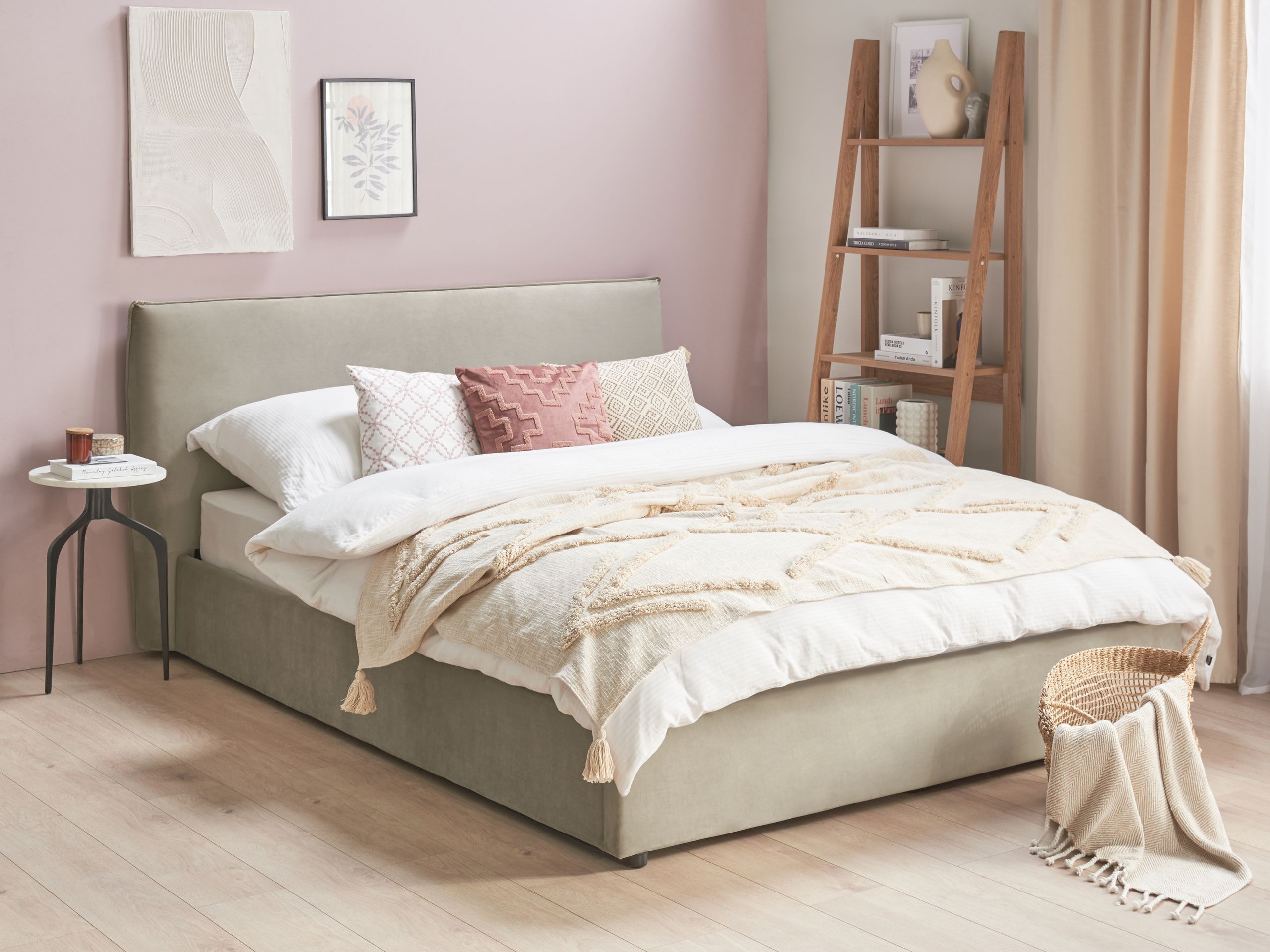 Beliani-LAVAUR-Bed met opbergruimte-Taupe-160 x 200 cm-Fluweel
