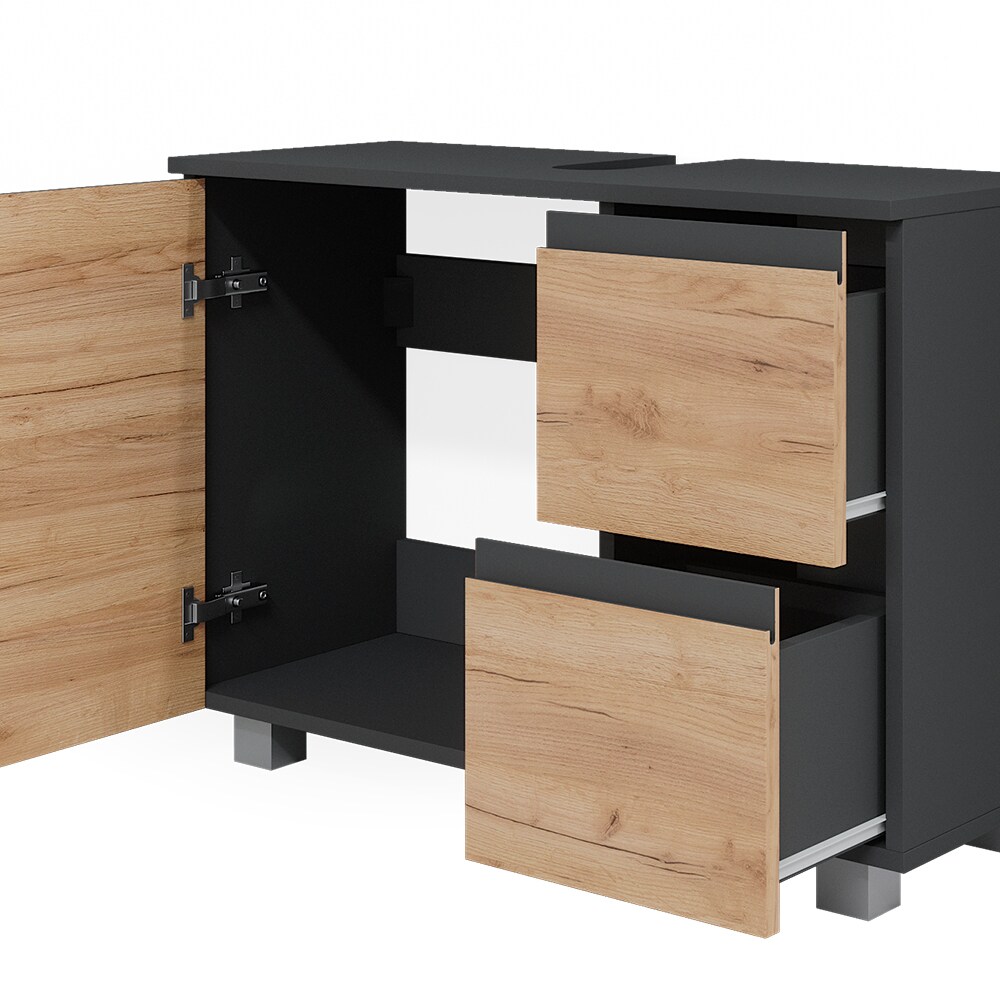 Vicco Waschtischunterschrank Waschbeckenunterschrank Badschrank J-shape Anthrazit Eiche modern 80x61cm Badezimmer Schrank Badmöbel Schranktür Schrankschublade Aufbewahrung