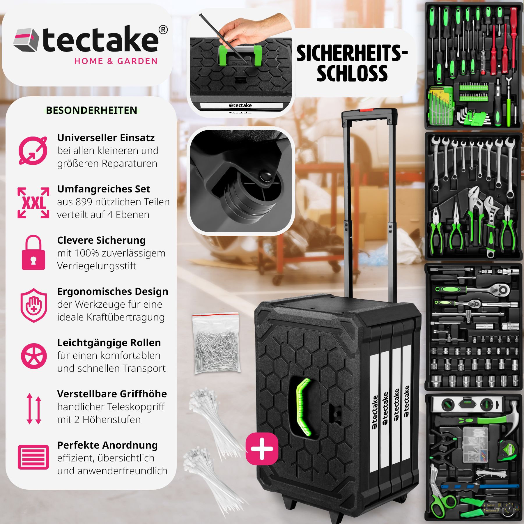 tectake® Werkzeugkoffer, 899-teilig, übersichtliche Anordnung auf 4 Ebenen, inklusive Sicherheitsstift, mit Klappgriff und Teleskopgriff