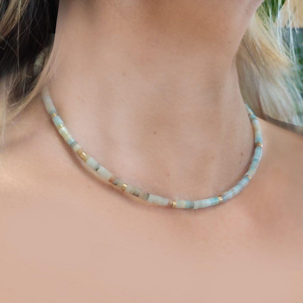 Collier Perles Heishi Pierres Naturelles Amazonite-38 cm