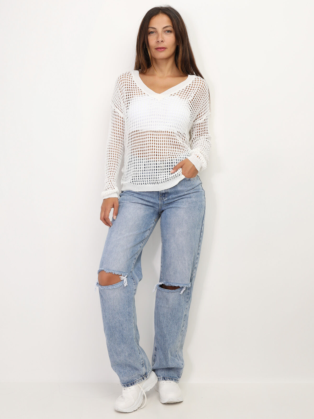 Pull en maille ajourée- Blanc