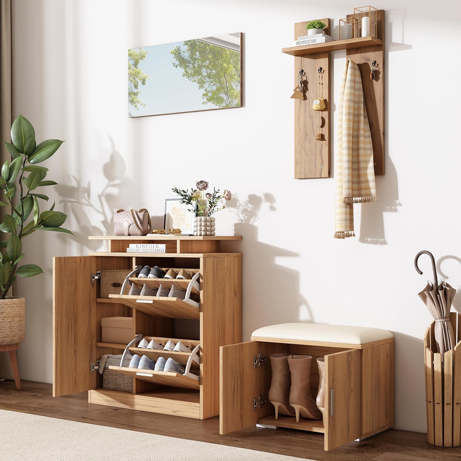 Merax Flurgarderobe Garderobenschrank Flur, Wandgarderobe Garderobenset mit Schuhbank und Schuhschrank, 1 Spiegel, 4 Haken, 5 Türen, Naturholzfarbe, 140×35×133 cm