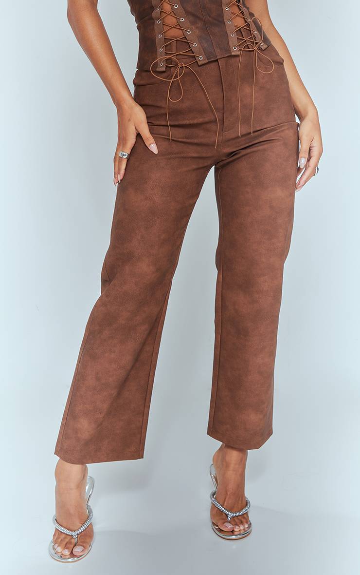 Marron Pantalon Droit Court En Synthétique Effet Délavé