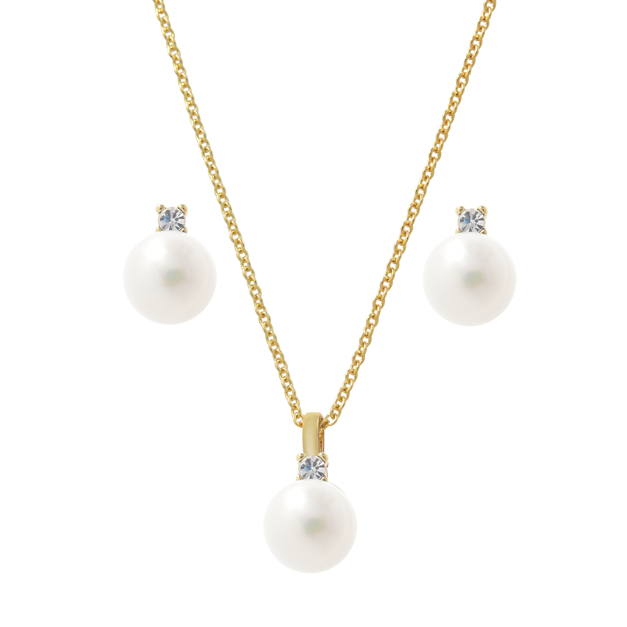 (3-tlg. Set) 14K Gold Damen Halskette / Ohrstecker mit Perlen Anhänger - Gold