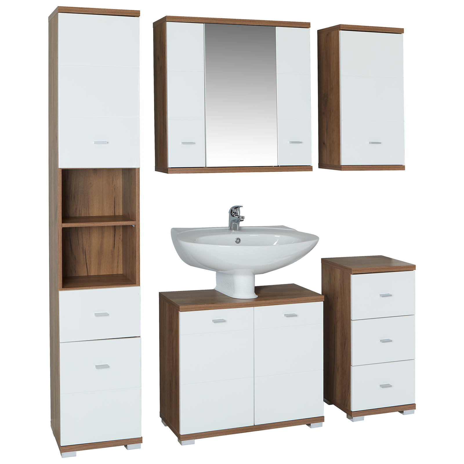 Hochschrank - Eiche Kraft dunkel-weiß Hochglanz - 190 cm