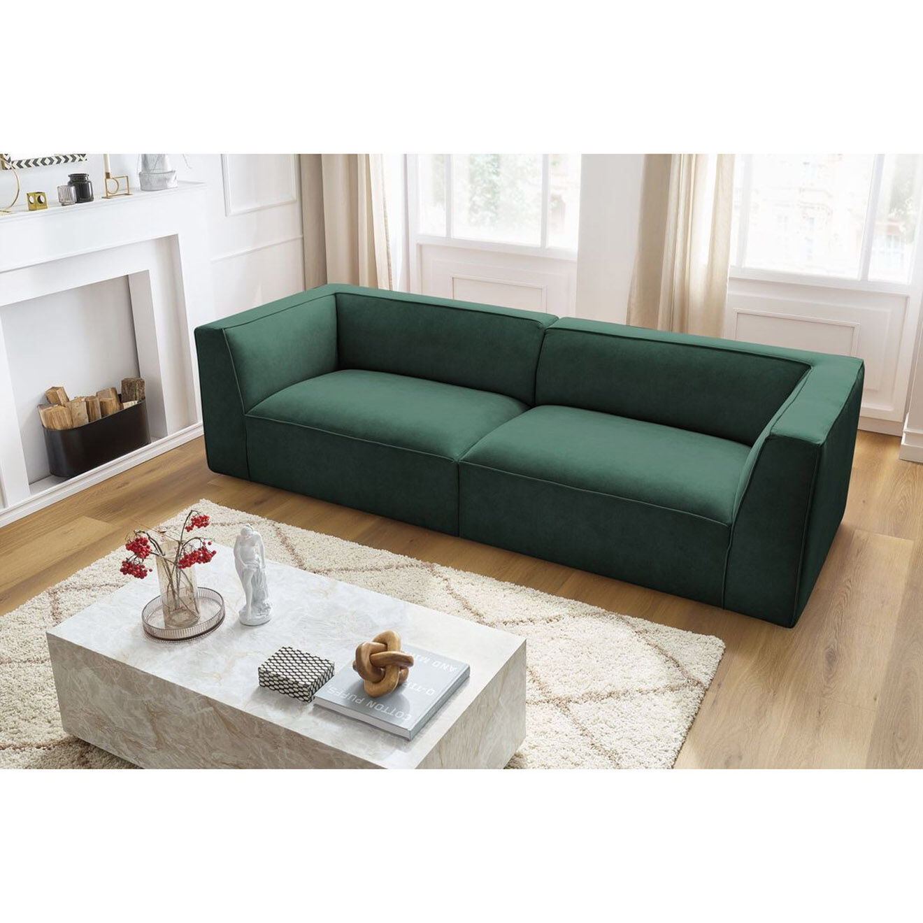 Bobochic Canapé droit fixe 4 places en Velours Molière vert - 273x99x71 cm