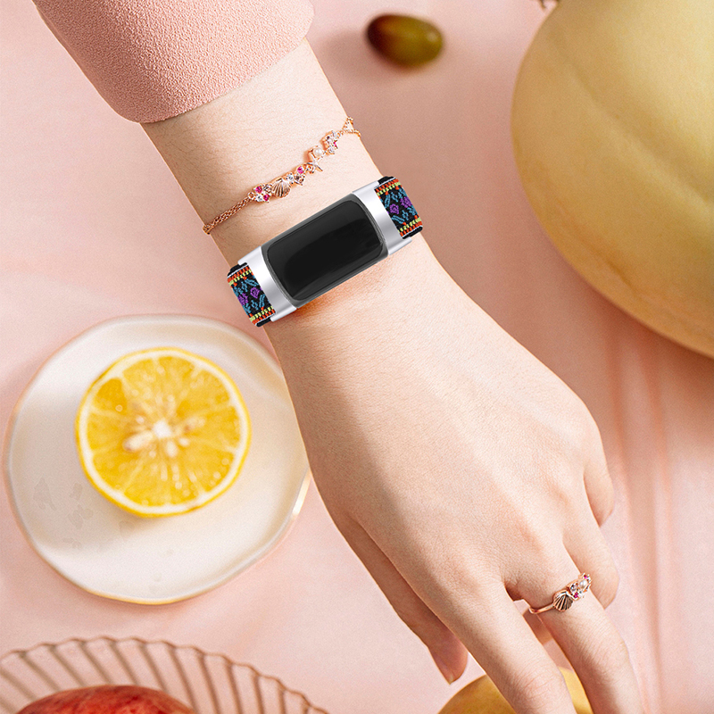 Fitbit Charge 6 / 5 Elastisches Nylon Gummi Armband (Gelenkumfang: 170-250mm) - Schwarz / Lila / Blau