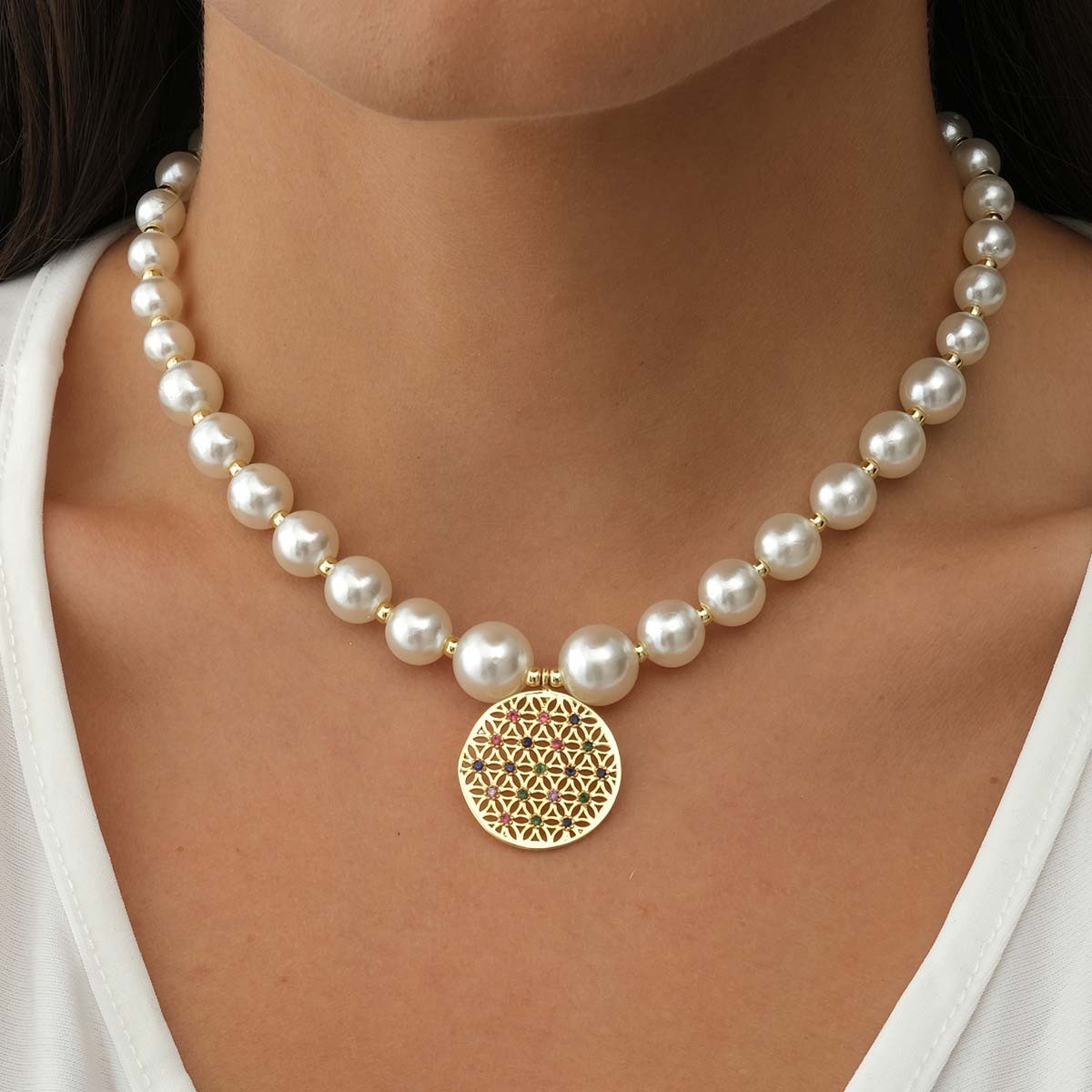 Collier de perles - Laiton plaqué or & zircons