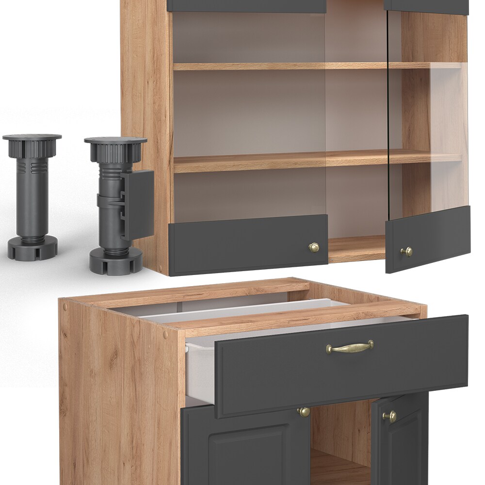 Vicco Küchenzeile Küchenblock Einbauküche Fame-Line Single Landhaus Eiche Anthrazit Gold 140 cm modern Küchen Schränke Spülenunterschrank Schubunterschrank Hängeschrank Hängeglasschrank