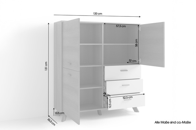 byLIVING Highboard »Bastian« 1 Stk. tlg. mit massiven Holzfüssen und Griffen, natürlicher Eichenlook, 120cm
