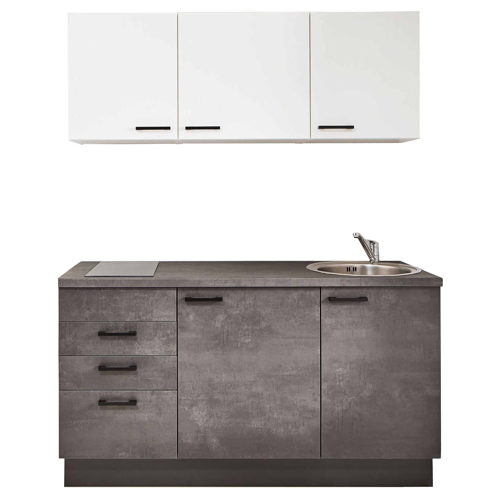 Single-Miniküche - Beton-graphitgrau-weiß - mit E-Geräten - 160 cm