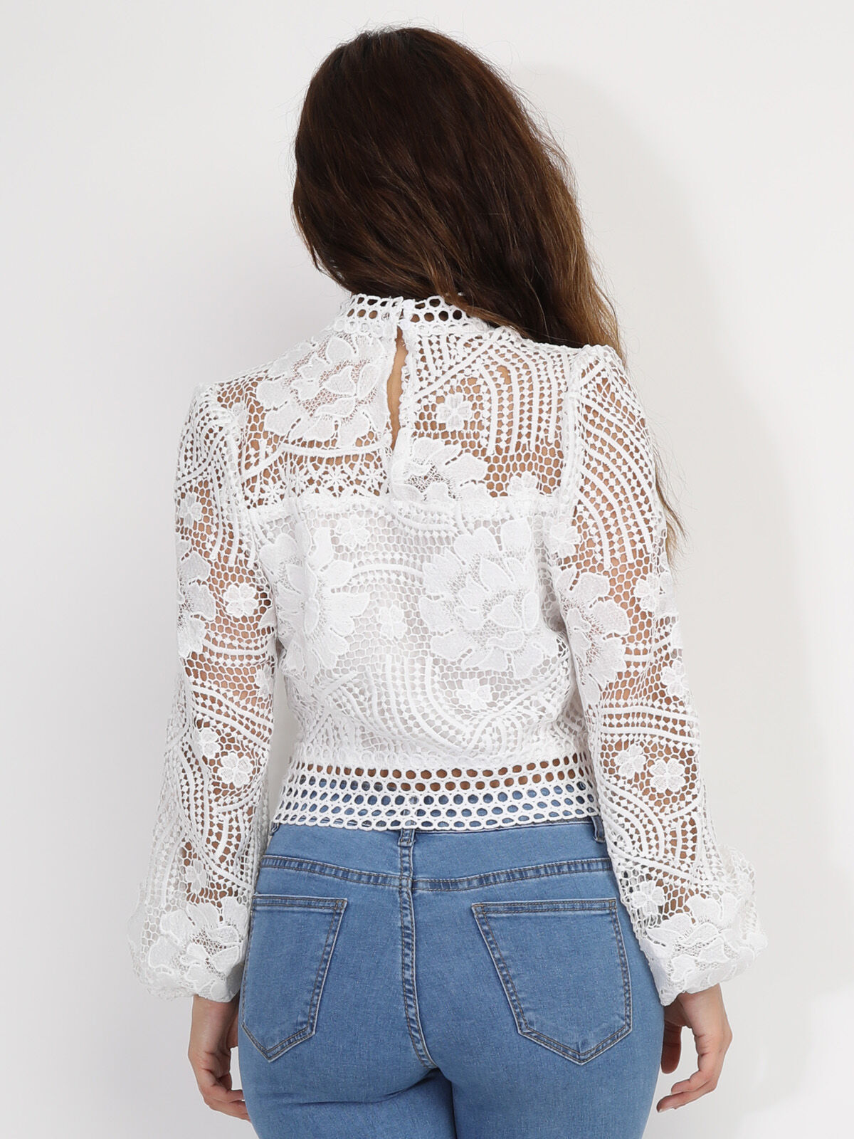 Blouse en crochet à manches ballon- Blanc