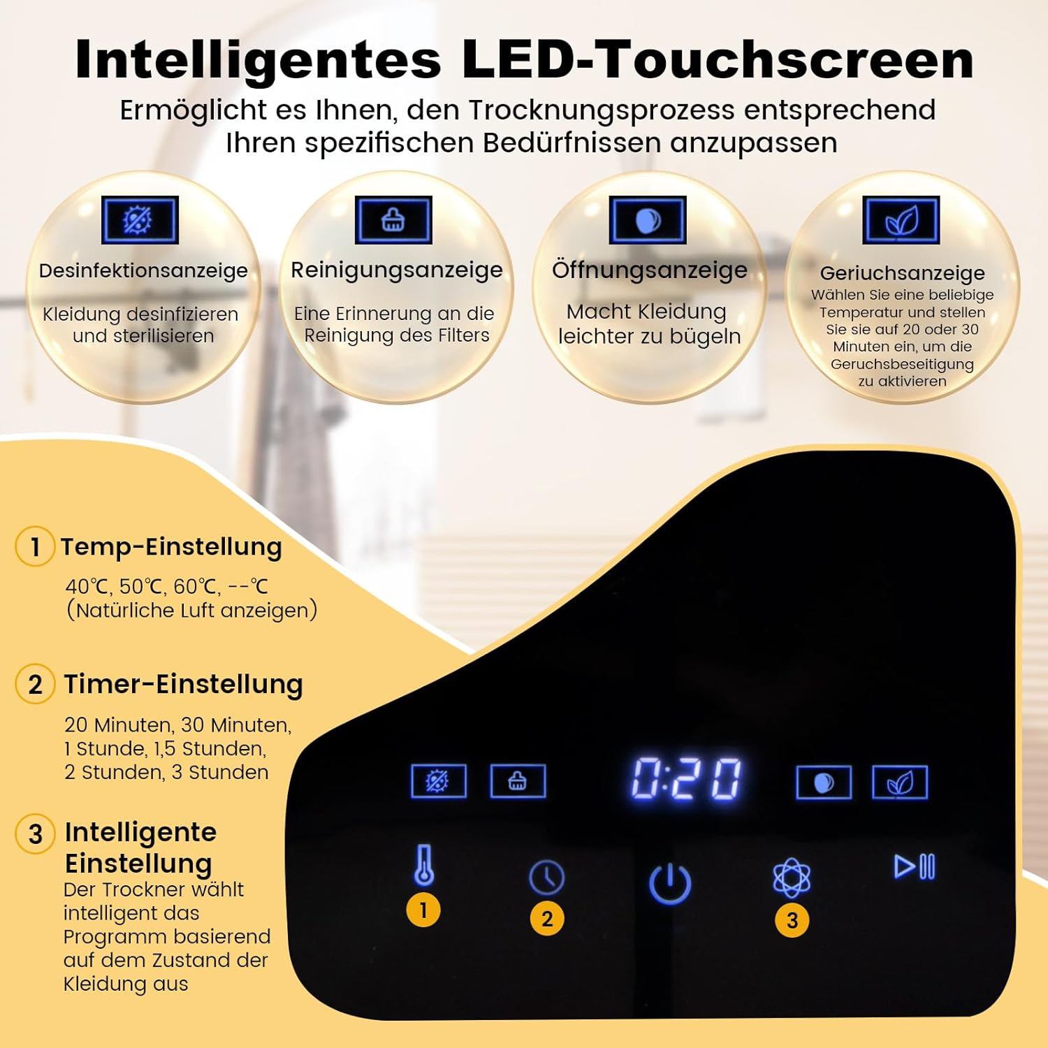COSTWAY Mini Wäschetrockner 5KG, bis zu 69℃, LED Touch-Screen, Ablufttrockner mit Desinfektion & Desodorierung & Überhitzungsschutz, Mehrfachfiltration, 4 Temperaturen und 6 Timer, 800W