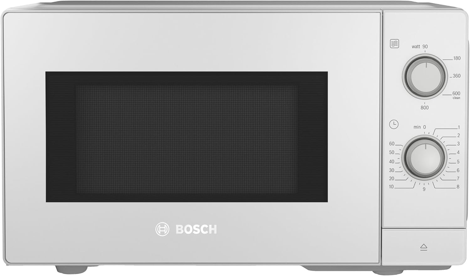 Bosch FFL020MW0 Serie 2 freistehende Mikrowelle, 26 x 44 cm, 800 W, Drehteller 27 cm, Türanschlag Links, AutoPilot 7 mit 7 Automatikprogramme, Reinigungsunterstützung, LED-Touchdisplay, Weiß