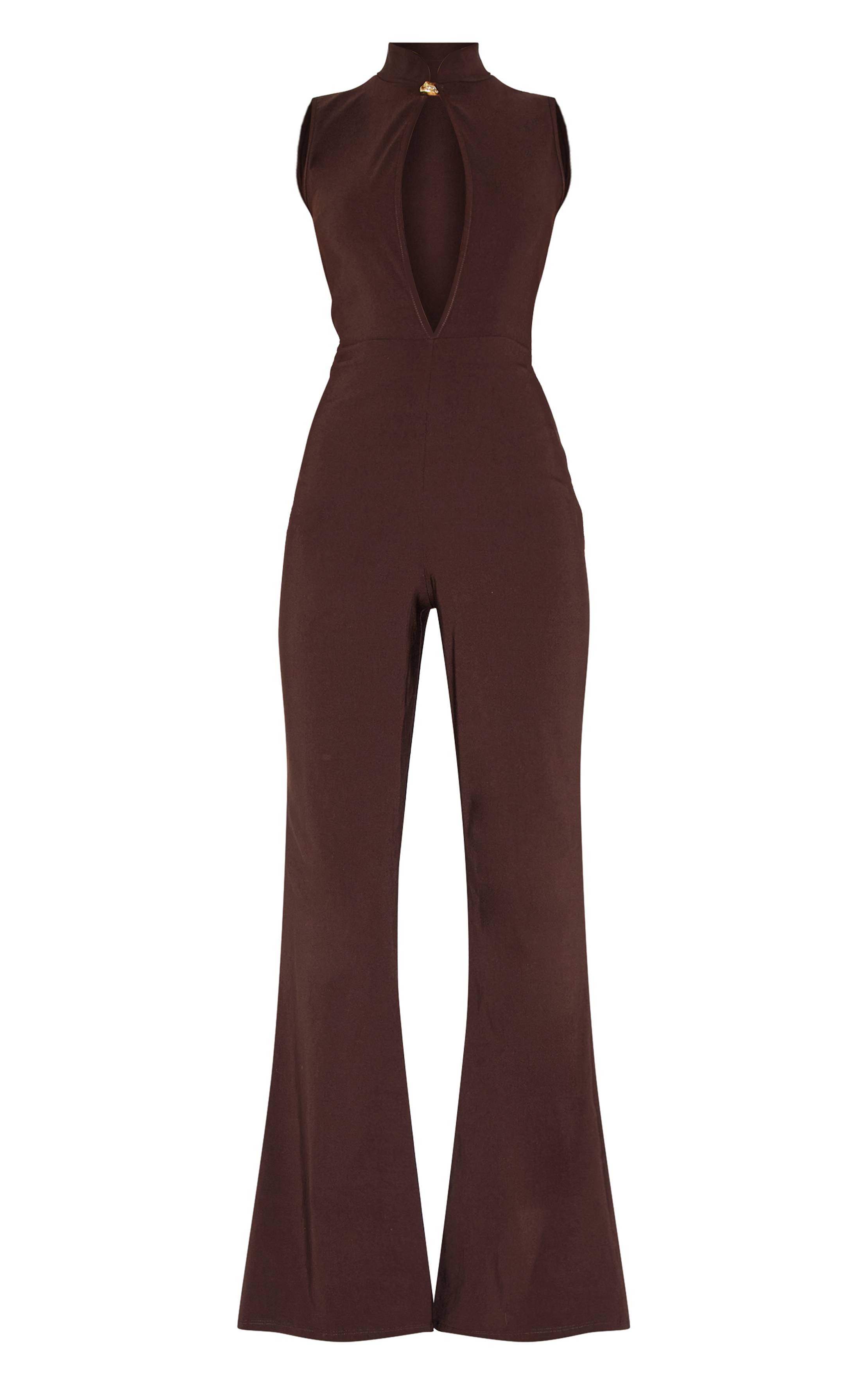 Dark Chocolate Combinaison-pantalon À Col En Tissu Stretch Avec Finitions Dorées Et Jambes Droites