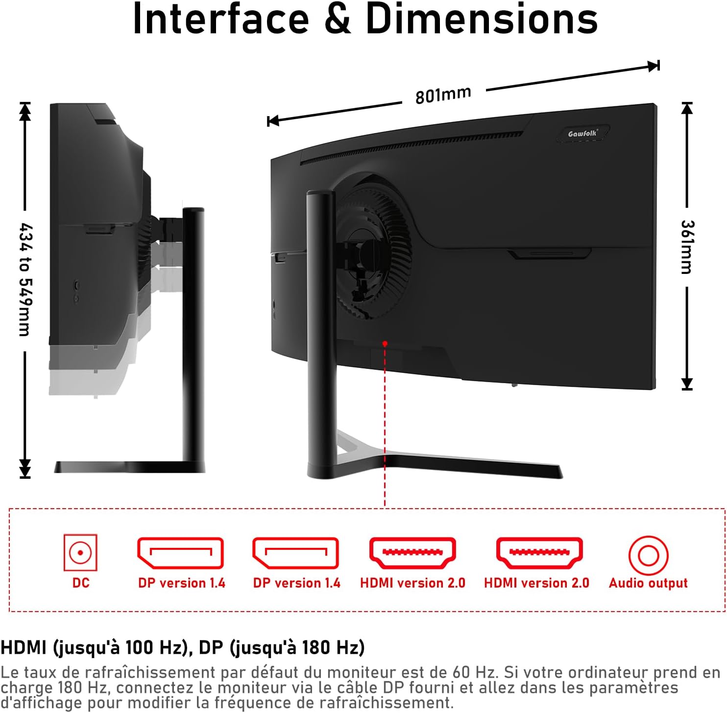 Gawfolk Écran PC Ultra Large 34 Pouces 1000R incurvé 180Hz Gaming Computer Moniteur 21:9 UWQHD (3440x1440),1ms,100% sRGB,Adaptive Sync,Display Port、HDMI,Fonction de Levage,Compatible avec Mural -Noir