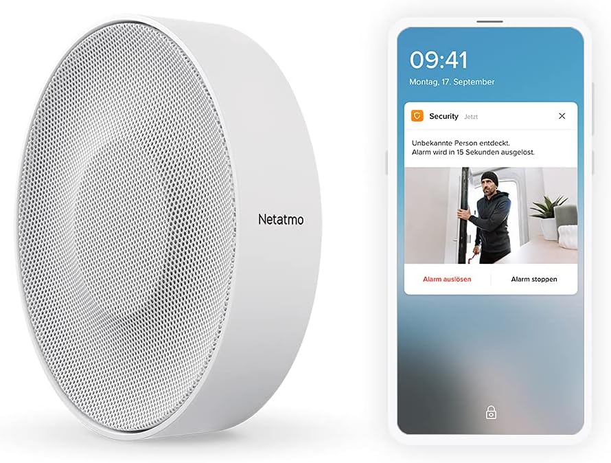 Netatmo Smarter Rauchmelder, 10-Jahres-Batterie, Selbsttest-Funktion, 85-dB-Alarm, Eigenständiges Gerät, EN14604 Zertifizierter, NSA-DE & Smarte Innen-Alarmsirene, drahtlos, WLAN, 110 dB