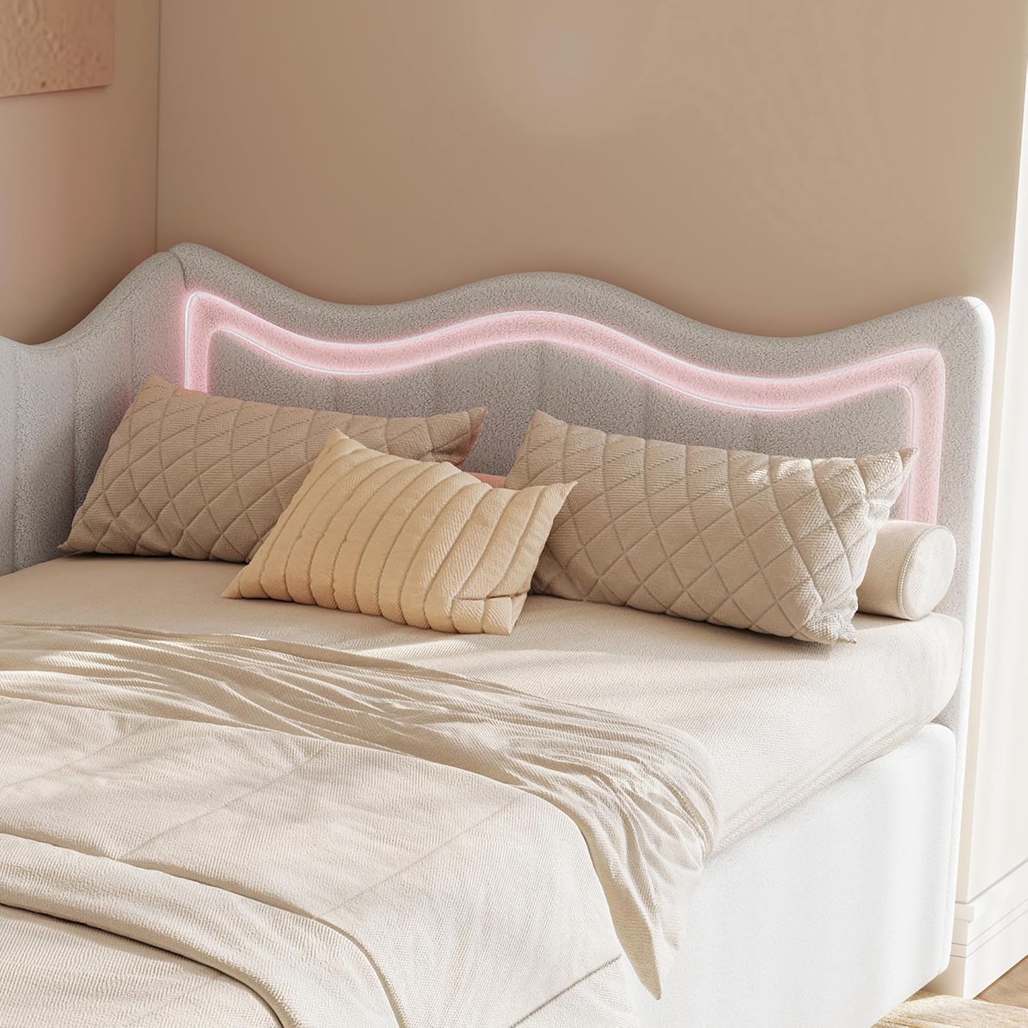 Kinderbett Polsterbett 90x200cm,Bett mit Stauraum Kinderbett Mädchen Einzelbett mit Led Bettgestell mit Lattenrost Jugendbetten mit Kopfteil Stauraumbett,teddysamt,ohne Matratze (Weiß-B, 90x200cm)