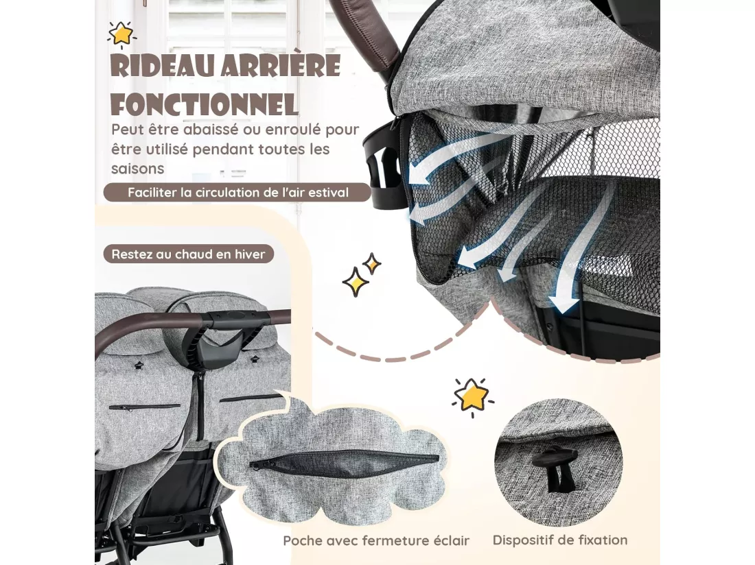 Poussette Double Pliante avec Porte-Gobelet, Poussette Côte à Côte avec Dossier Réglable, Auvent Pliable d'une Main Ceinture de Sécurité Charge 15KG pour Bébé 0 à 3 Ans(Double, Gris)