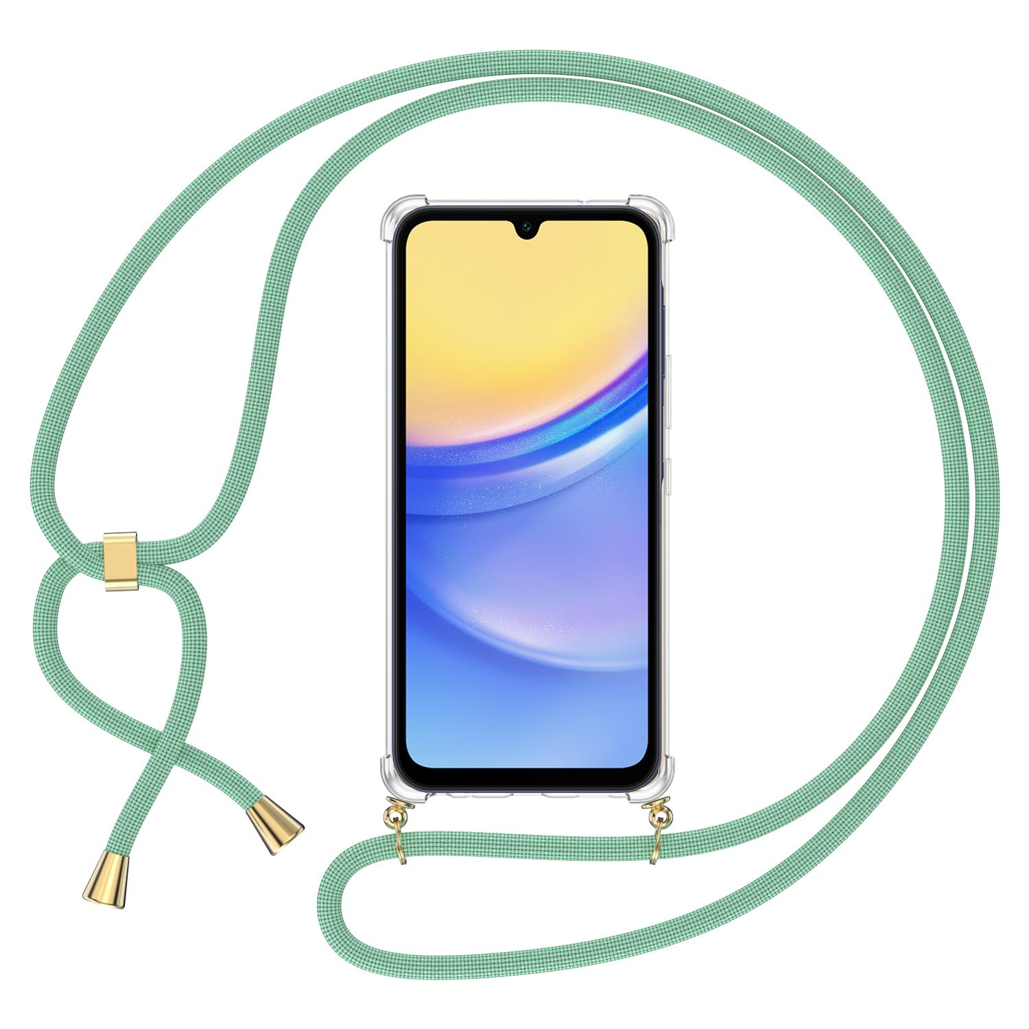 Samsung Galaxy A15 Necklace Gummi Hülle Air Cushion Fallschutz   Handykette (150cm) - Türkis / Gold
