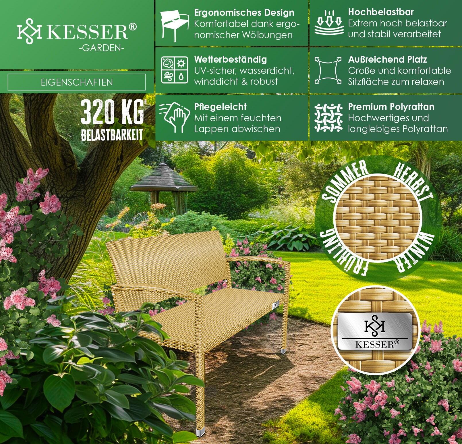 KESSER® Gartenbank Polyrattan 2-Sitzer Wetterfest | Rattan-Sitzbank UV-Beständig & bis 320kg belastbar | Balkon-Bank 125x62x90cm | Garten-Möbel mit ergonomischen Armlehnen | Für 2 Personen