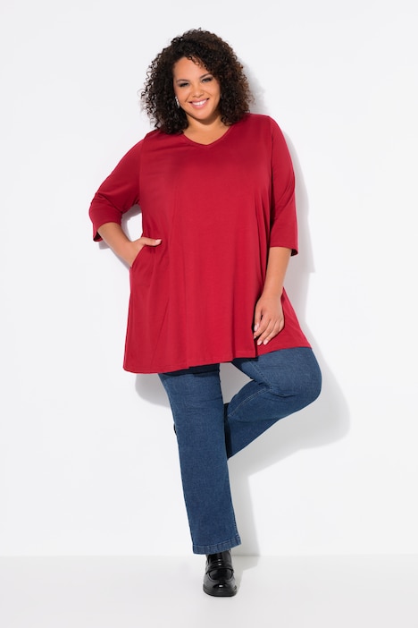 Longshirt, Ziernähte, A-Linie, V-Ausschnitt, 3/4-Arm