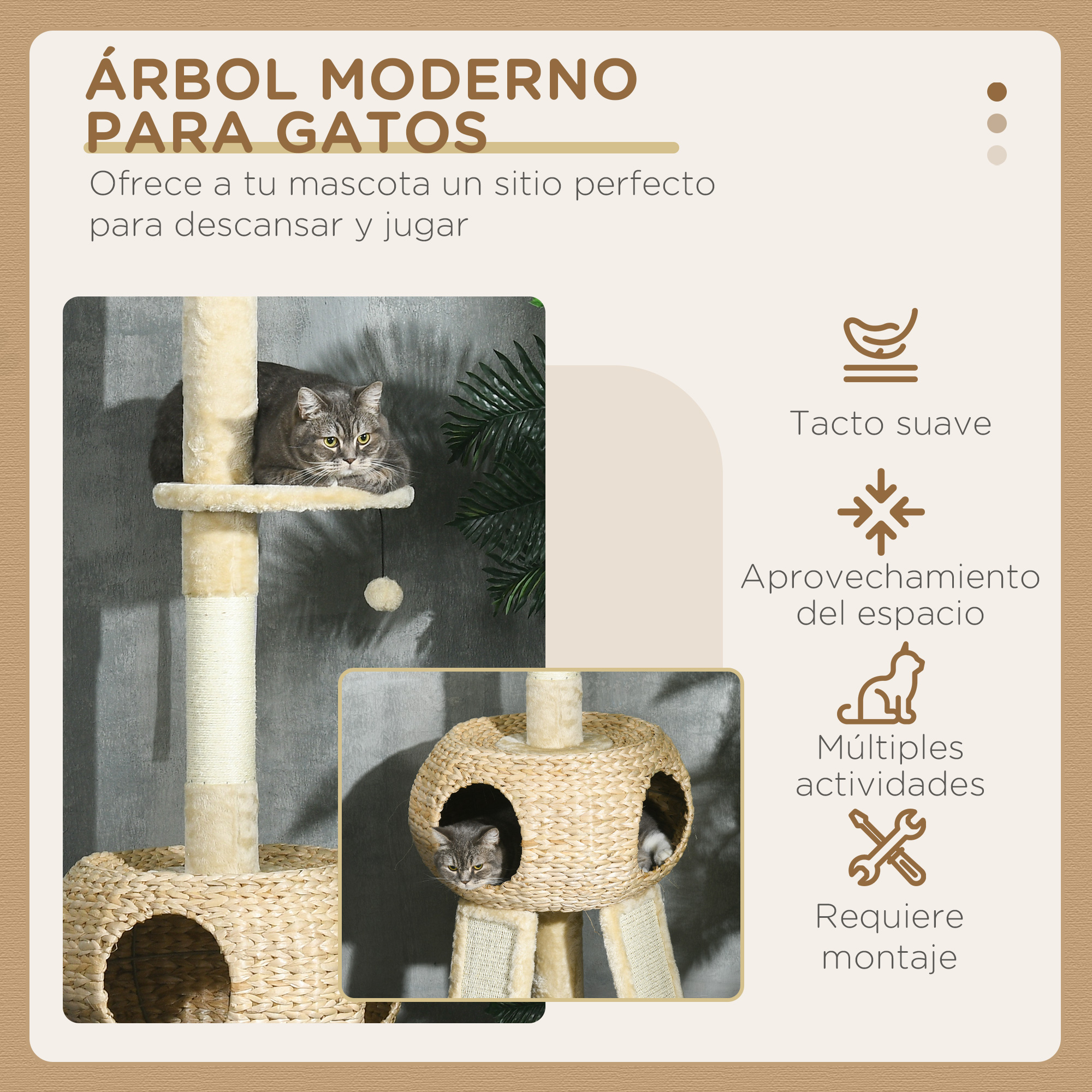 Árvore para gatos PawHut do chão ao teto, 225-255 cm, torre ajustável em altura com caverna, plataformas, rede, postes para arranhar, rampas e bolas penduradas, Ø48x225-255 cm, bege