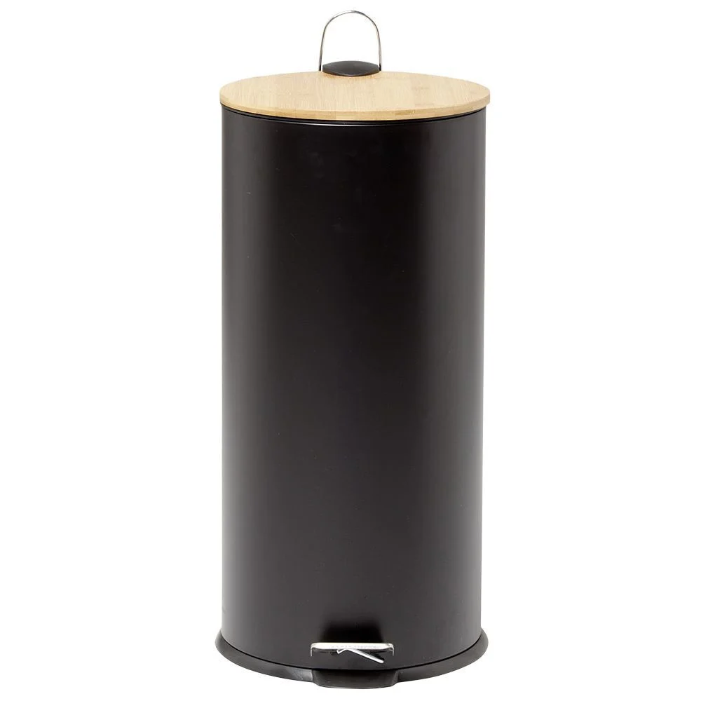 Poubelle à pédale 30L métal noir avec couvercle en bambou
