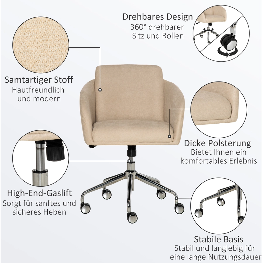 Vinsetto Bürostuhl mit einstellbarer Höhe und 360° Drehrollen beige