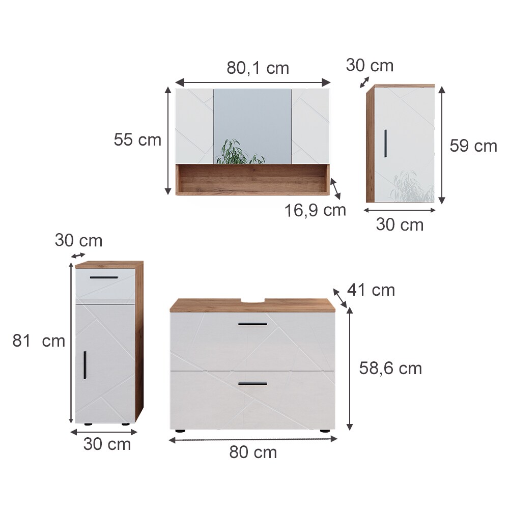 Vicco Badmöbelset Irma Eiche Weiß Hochglanz modern 80 cm 30 cm Badezimmerschrank Badschrank Badezimmermöbel Waschtischunterschrank Spiegelschrank Midischrank Hängeschrank Schranktür Schrankschublade