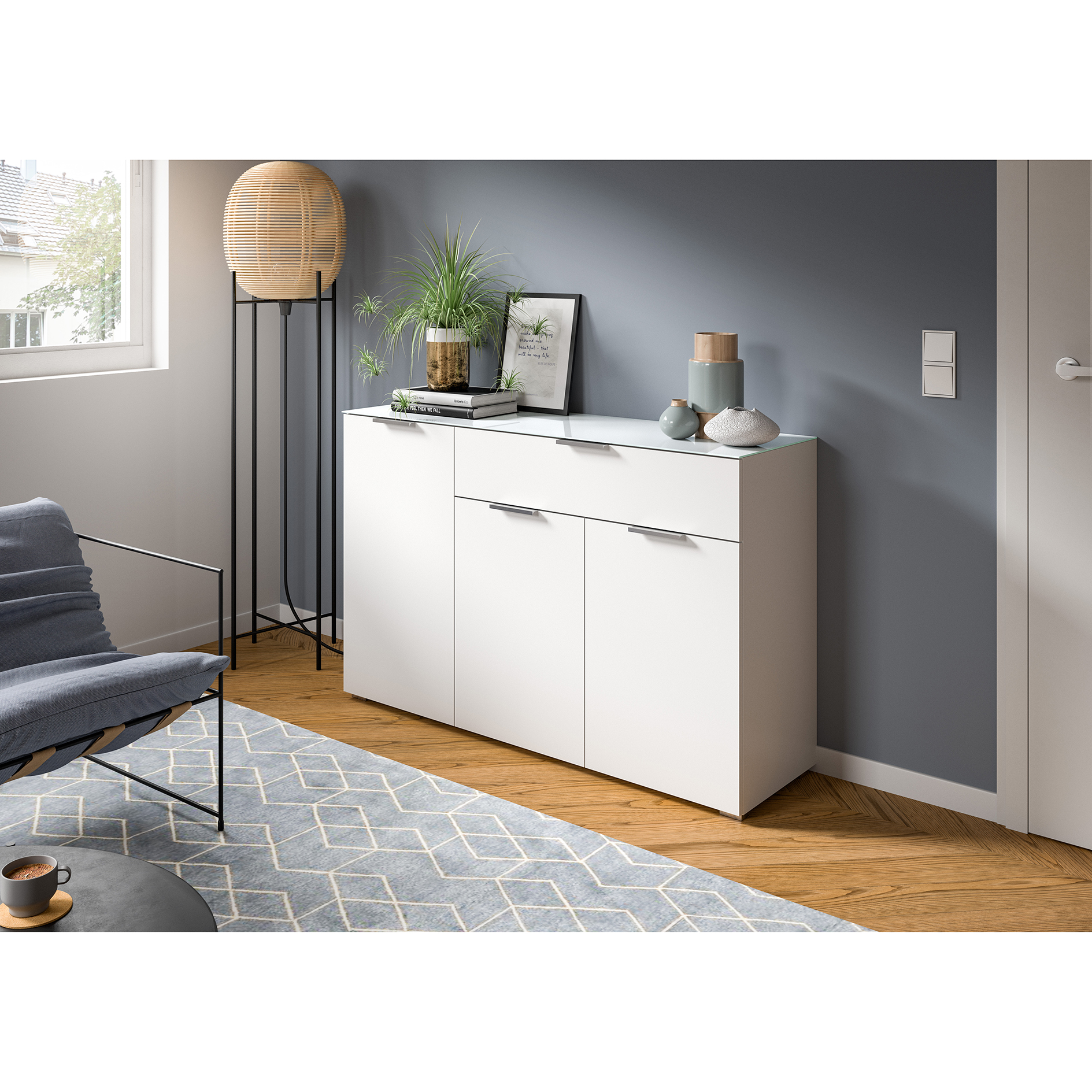 Kommode RAY - weiß - Glasplatte - 135 cm