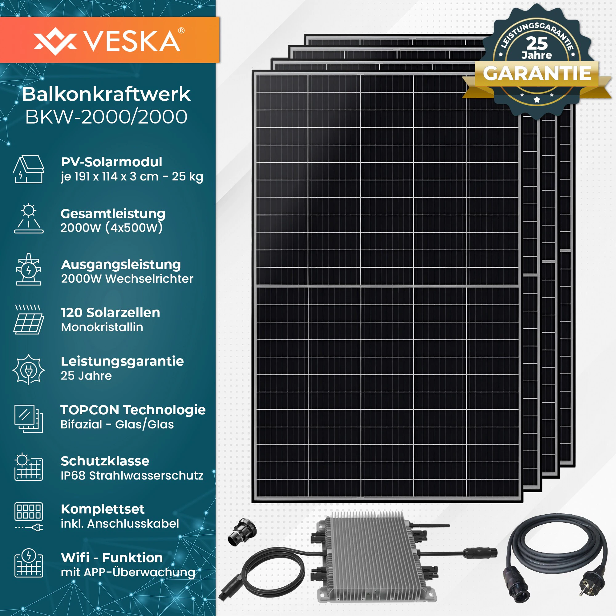 Balkonkraftwerk 2000W/2000W Bifazial Photovoltaik Solaranlage WIFI Smarte Mini-PV Anlage