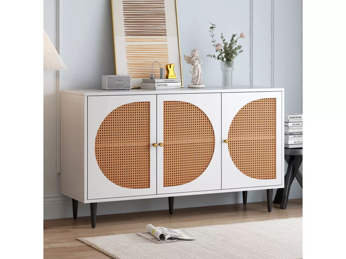 Buffet effet bois noyer avec 3 portes en rotin poignées pieds dorés 129,8x40x76cm OMOILL