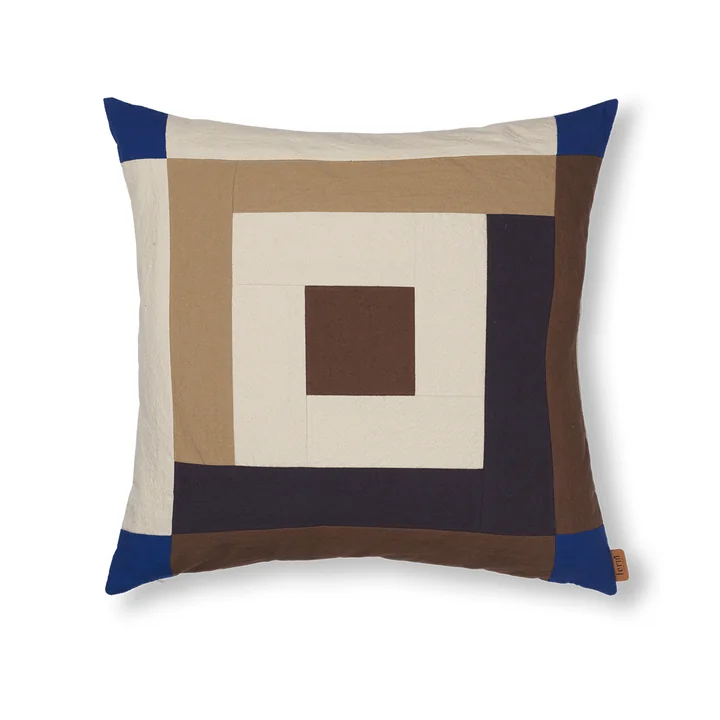 Ferm Living - Border Patchwork Kissen, 50 x 50 cm, carob brown / bright blue