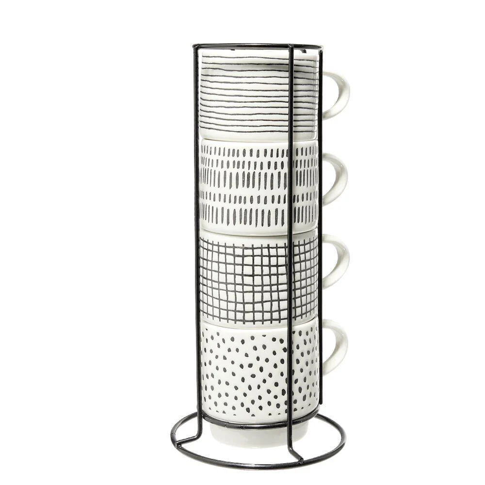 Lot de 4 tasses empilables 20cl porcelaine blanc et noir avec support métal