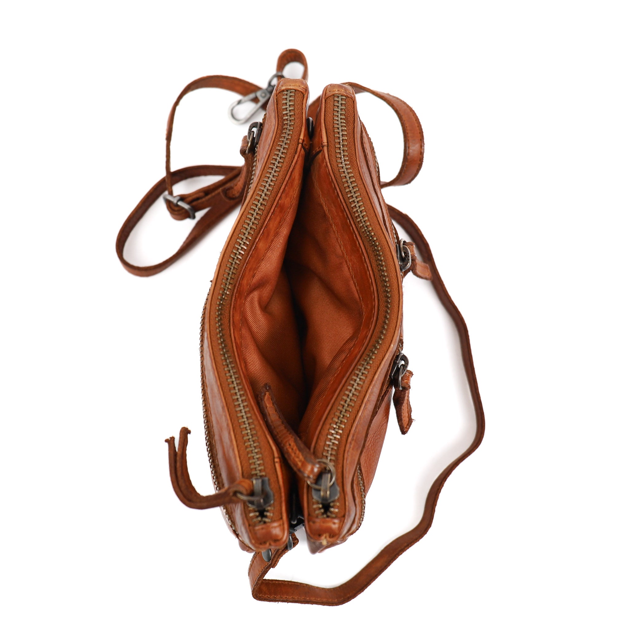 Schoudertasje dubbele rits 'Linda' cognac Cognac